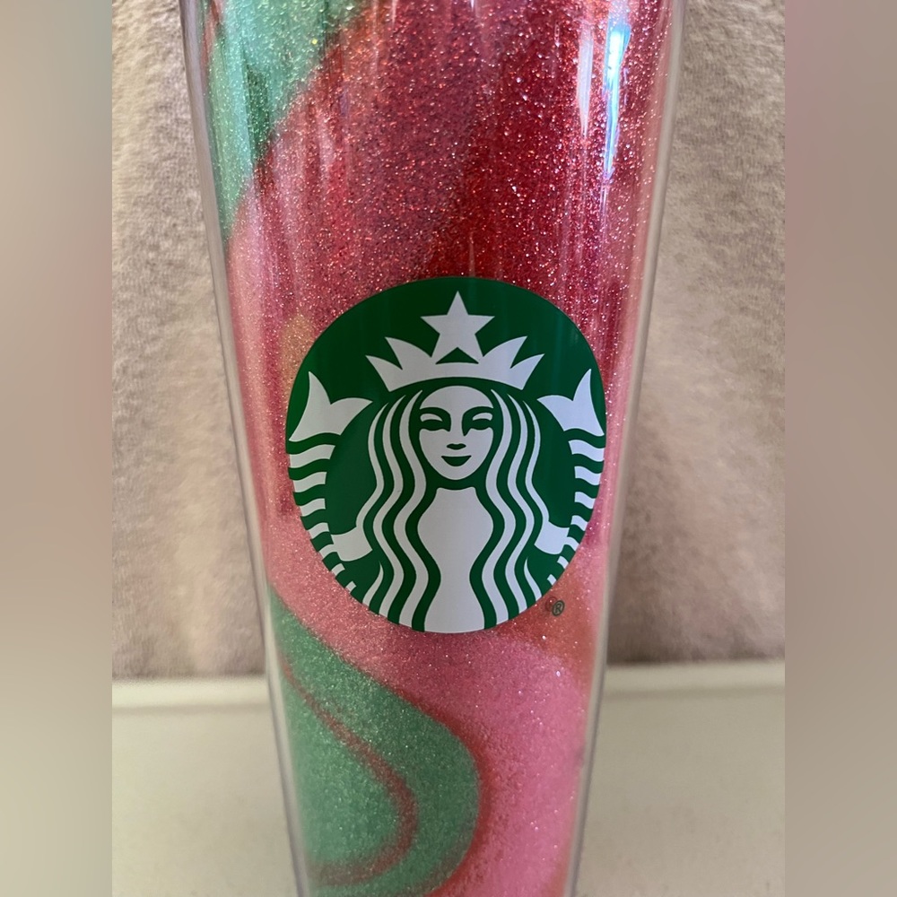 Starbucks 2020 Glitter Pink Green Swirl 24oz Holiday Tumbler with Straw NWT - Picture 2 of 10
